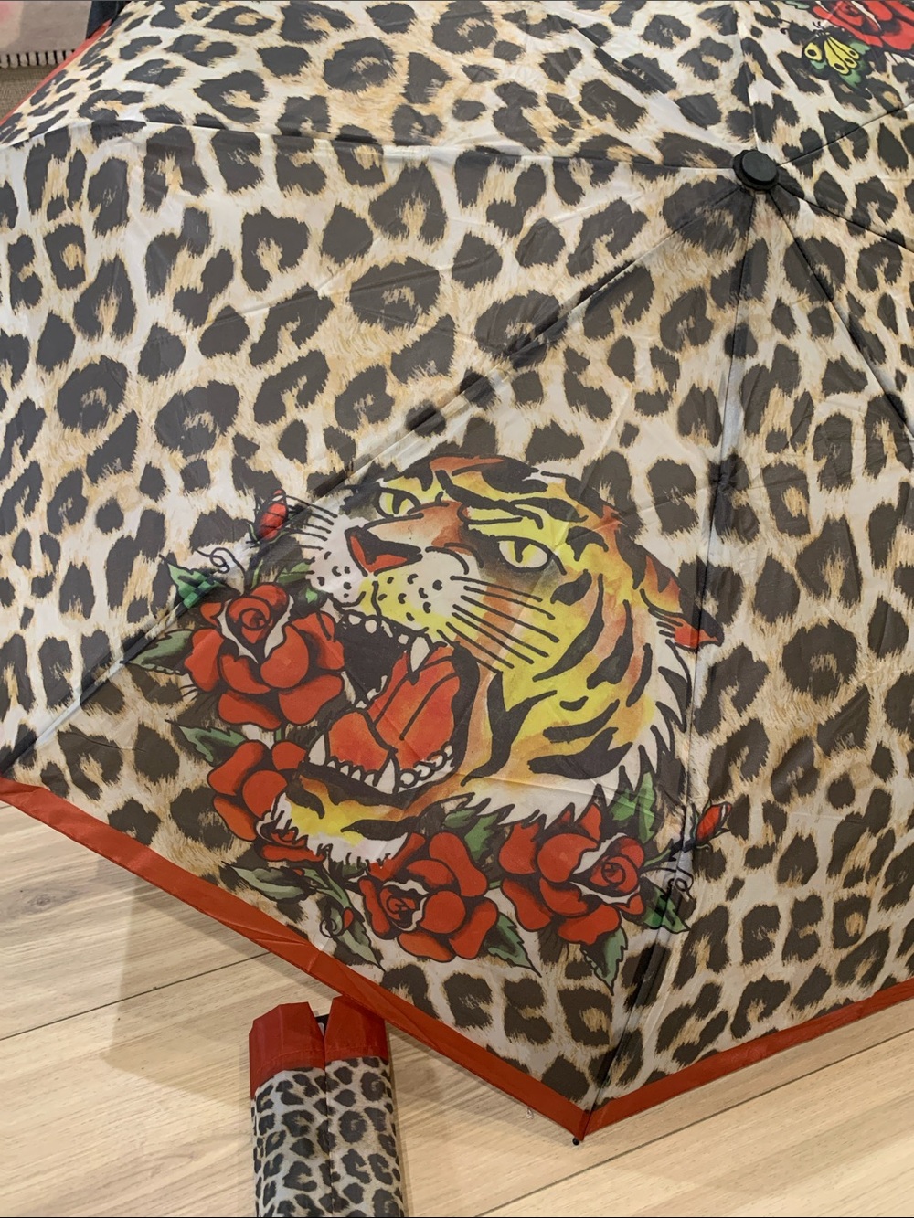 Ed Hardy Leopard Print Umbrella with Tiger & Red Roses